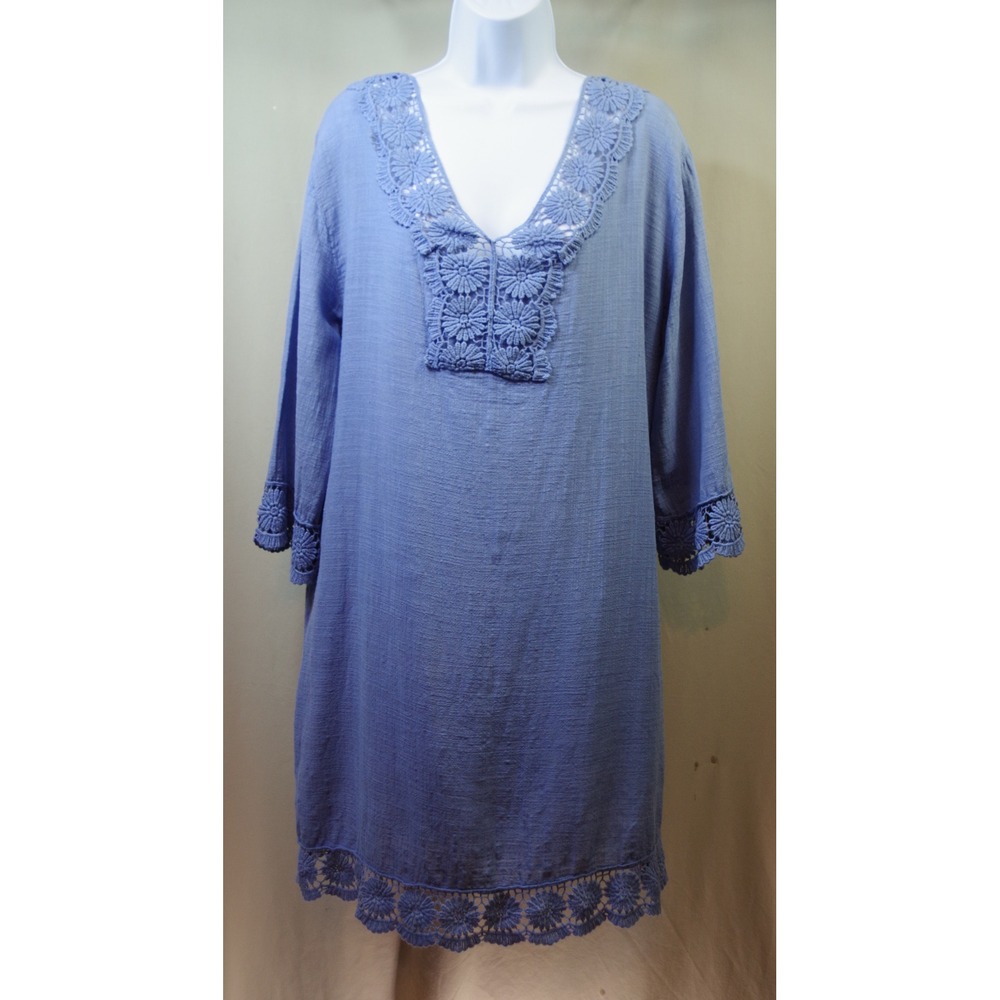 Own It Italy Large Blue Cotton Gauze Crochet Lace Trim V-Neck Shift Dress Boho